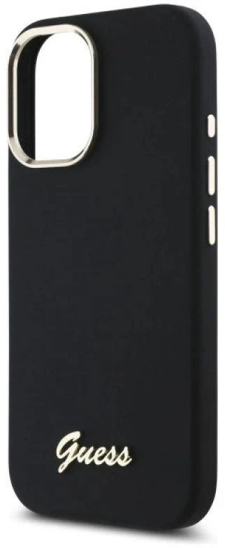 Guess GUHCP16SSMBSLK Apple iPhone 16 6.1″ juodos spalvos kietas dėklas Silicone Script Metal Logo & Frame