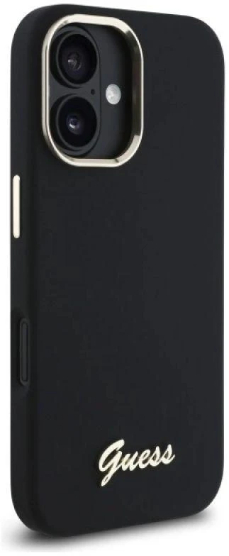 Guess GUHCP16SSMBSLK Apple iPhone 16 6.1″ juodos spalvos kietas dėklas Silicone Script Metal Logo & Frame