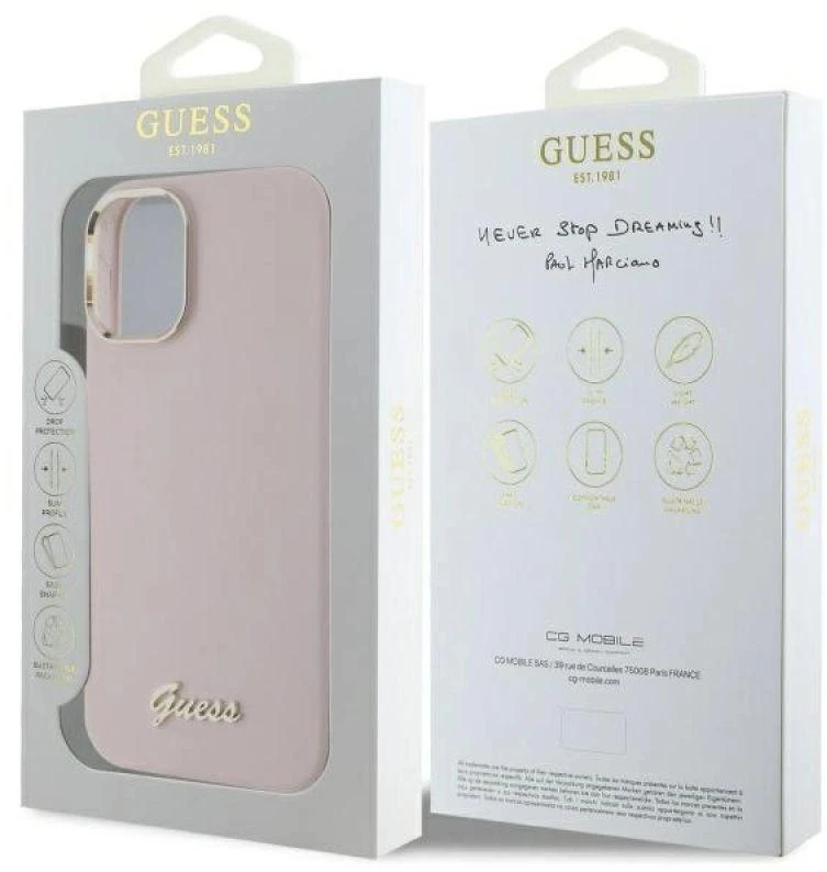 Guess GUHCP16SSMBSLP Apple iPhone 16 6.1″ rožinės spalvos kietas dėklas Silicone Script Metal Logo & Frame