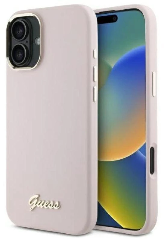 Guess GUHCP16SSMBSLP Apple iPhone 16 6.1″ rožinės spalvos kietas dėklas Silicone Script Metal Logo & Frame