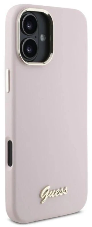 Guess GUHCP16SSMBSLP Apple iPhone 16 6.1″ rožinės spalvos kietas dėklas Silicone Script Metal Logo & Frame