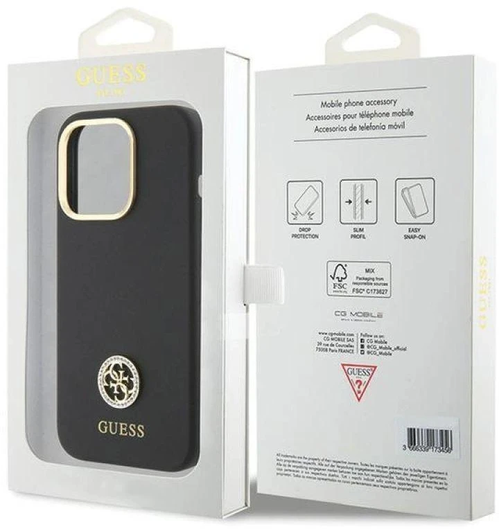 Guess GUHCP15LM4DGPK Apple iPhone 15 Pro 6.1″ juodos spalvos kietas dėklas Silicone Logo Strass 4G