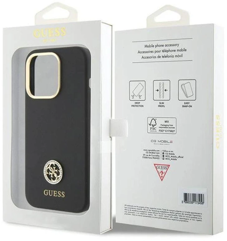Guess GUHCP15XM4DGPK Apple iPhone 15 Pro Max 6.7″ juodos spalvos kietas dėklas Silicone Logo Strass 4G