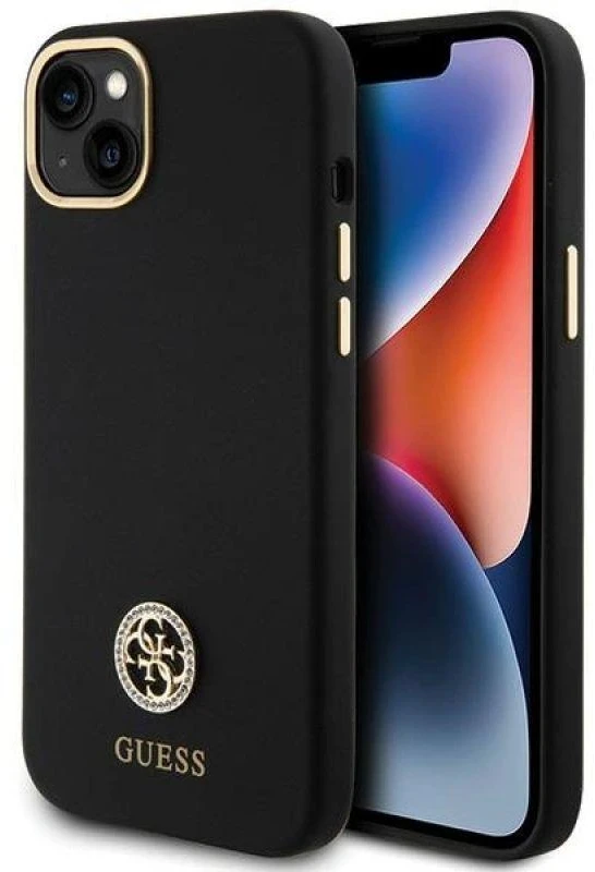 Guess GUHCP15M4DGPK Apple iPhone 15 Plus / 14 Plus 6.7″ juodos spalvos kietas dėklas Silicone Logo Strass 4G