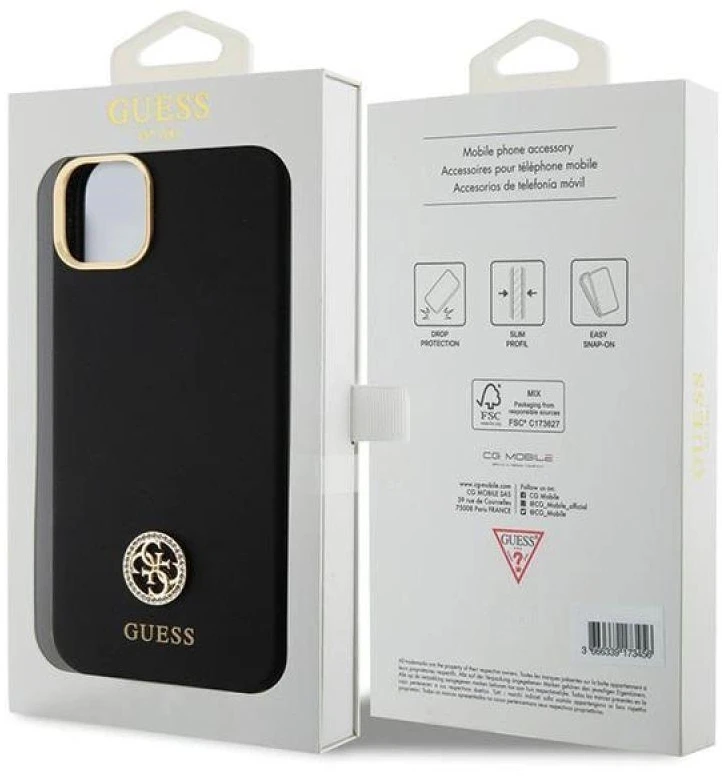 Guess GUHCP15M4DGPK Apple iPhone 15 Plus / 14 Plus 6.7″ juodos spalvos kietas dėklas Silicone Logo Strass 4G