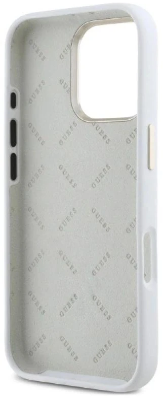 Guess GUHCP16LM4DGPH iPhone 16 Pro 6.3″ baltos spalvos kietas dėklas Silicone Logo Strass 4G