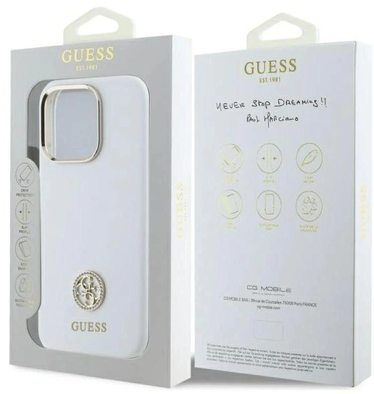 Guess GUHCP16LM4DGPH Apple iPhone 16 Pro 6.3″ baltos spalvos kietas dėklas Silicone Logo Strass 4G