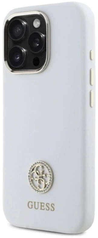 Guess GUHCP16LM4DGPH Apple iPhone 16 Pro 6.3″ baltos spalvos kietas dėklas Silicone Logo Strass 4G