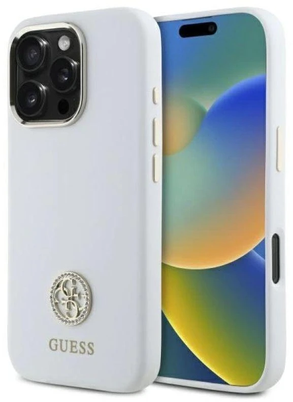 Guess GUHCP16LM4DGPH Apple iPhone 16 Pro 6.3″ baltos spalvos kietas dėklas Silicone Logo Strass 4G