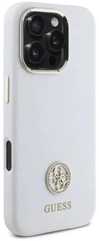 Guess GUHCP16LM4DGPH Apple iPhone 16 Pro 6.3″ baltos spalvos kietas dėklas Silicone Logo Strass 4G