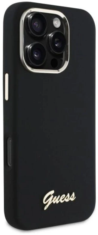 Guess GUHCP16LSMBSLK Apple iPhone 16 Pro 6.3″ juodos spalvos kietas dėklas Silicone Script Metal Logo & Frame