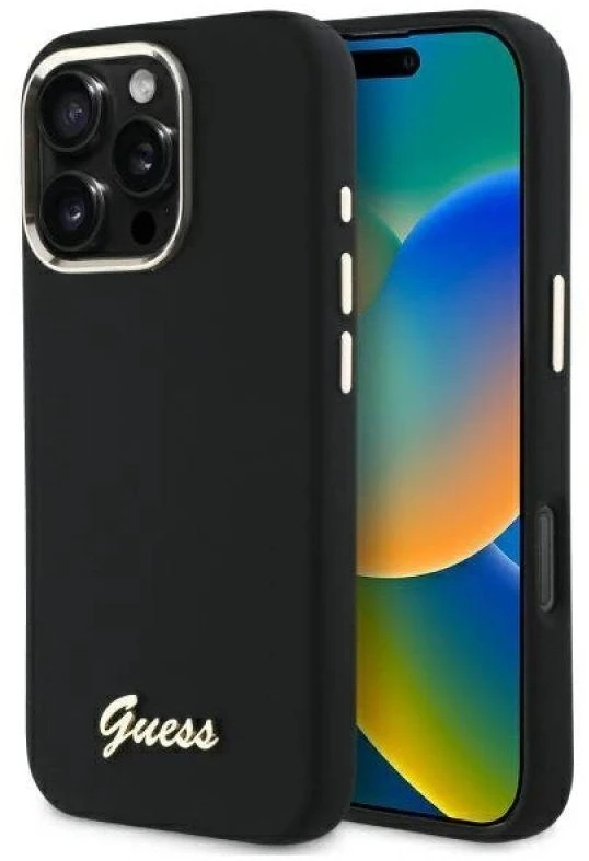 Guess GUHCP16LSMBSLK Apple iPhone 16 Pro 6.3″ juodos spalvos kietas dėklas Silicone Script Metal Logo & Frame