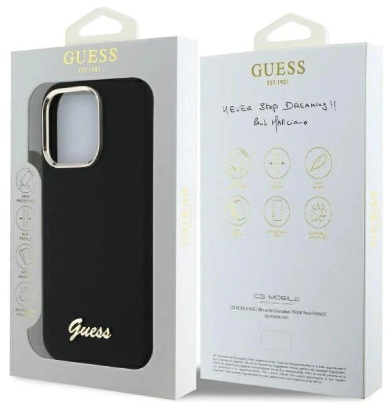 Guess GUHCP16LSMBSLK Apple iPhone 16 Pro 6.3″ juodos spalvos kietas dėklas Silicone Script Metal Logo & Frame