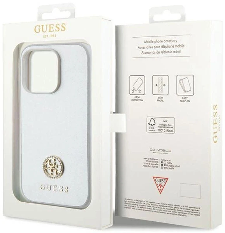 Guess GUHCP15LPS4DGPS Apple iPhone 15 Pro 6.1″ sidabrinis kietas dėklas Strass Metal Logo