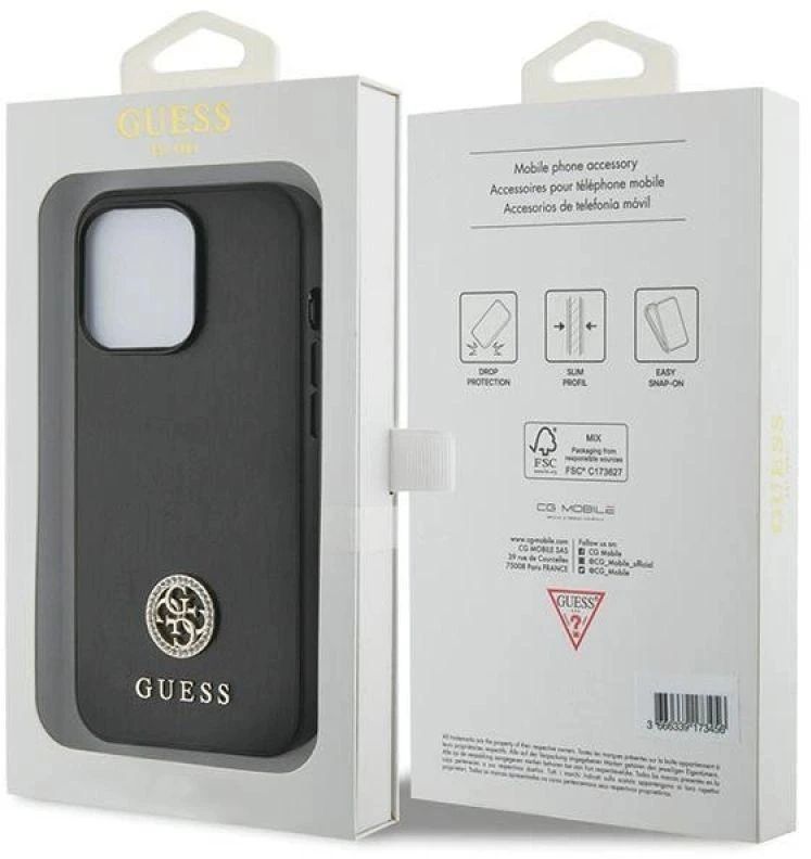 Guess GUHCP13LPS4DGPK Apple iPhone 13 Pro 6.1″ juodos spalvos kietas dėklas Strass Metal Logo
