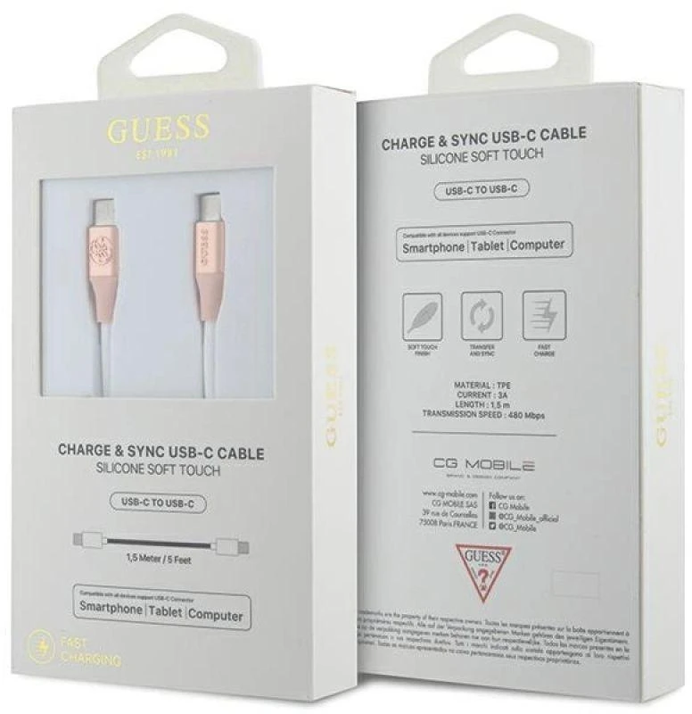 Guess GUCCLALRGDP kabelis USB-C – USB-C1.5m Fast Charging rožinės spalvos Ebossed Logo