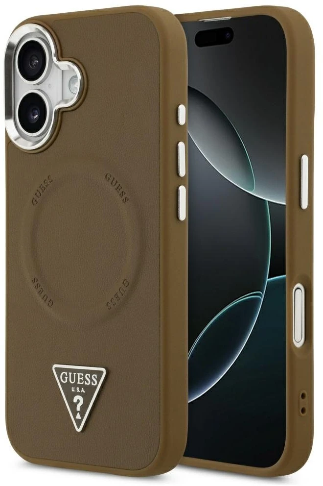 „Guess“ trikampio formos logotipo „MagSafe“ dėklas, skirtas „iPhone 17“ – rudas