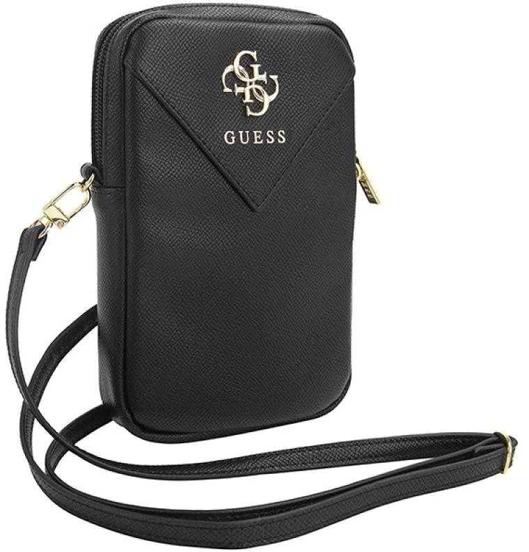 Guess PU Grained 4G Metal Logo Wallet krepšys telefonui Zipper juodos spalvos