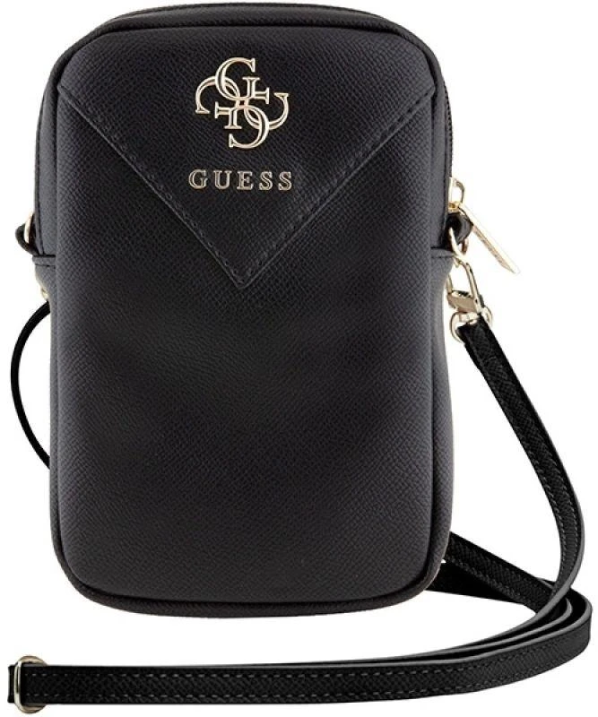 Guess PU Grained 4G Metal Logo Wallet krepšys telefonui Zipper juodos spalvos