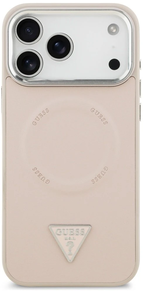 Guess PU Leather Triangle Logo MagSafe dėklas skirtas Apple iPhone 17 Pro rožinės spalvos