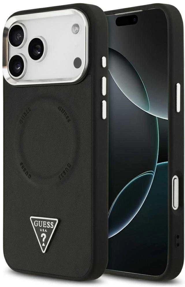Guess PU Leather Triangle Logo MagSafe dėklas skirtas Apple iPhone 17 Pro Max juodos spalvos