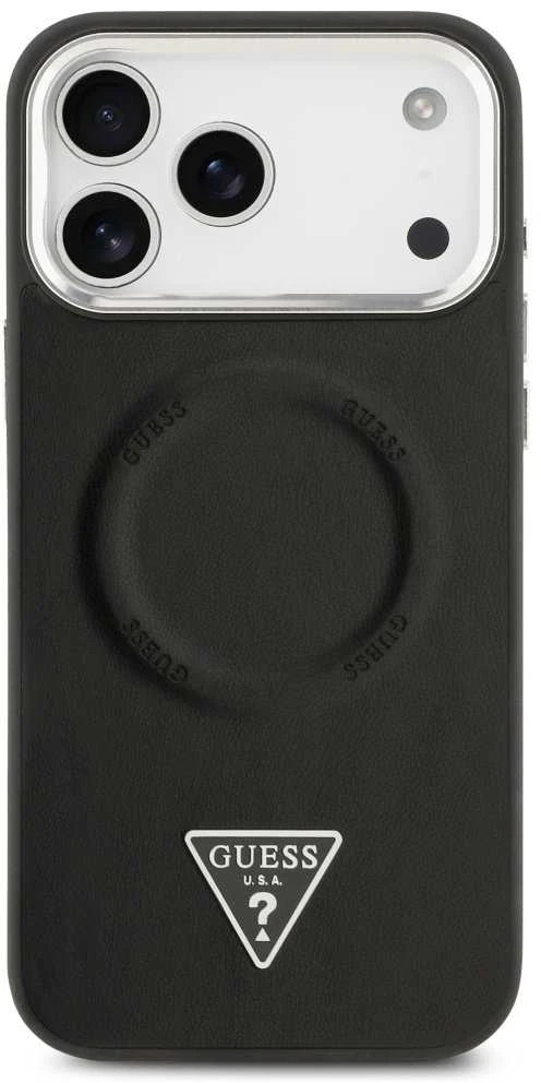 Guess PU Leather Triangle Logo MagSafe dėklas skirtas Apple iPhone 17 Pro Max juodos spalvos