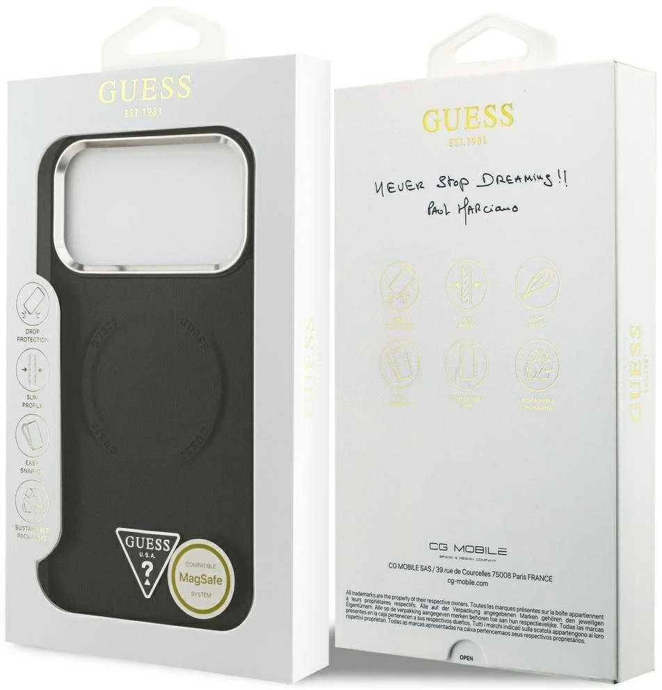 Guess PU Leather Triangle Logo MagSafe dėklas skirtas Apple iPhone 17 Pro juodos spalvos