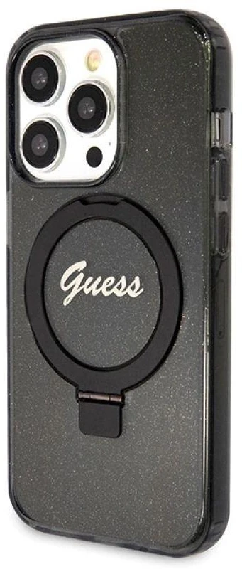 Dėklas GUESS GUHMP14XHRSGSK IPHONE 14 PRO MAX 6.7 "Juodas/Juodas HARDCASE RING STAND SCRIPT GLITTER MAGSAFE