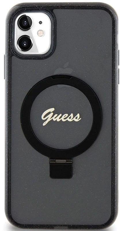 Dėklas GUESS GUHMN61HRSGSK IPHONE 11 / XR 6.1 "Juodas / Juodas HARDCASE RING STAND SCRIPT GLITTER MAGSAFE
