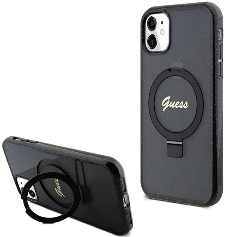 Dėklas GUESS GUHMN61HRSGSK IPHONE 11 / XR 6.1 "Juodas / Juodas HARDCASE RING STAND SCRIPT GLITTER MAGSAFE