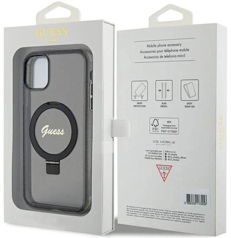 Dėklas GUESS GUHMN61HRSGSK IPHONE 11 / XR 6.1 "Juodas / Juodas HARDCASE RING STAND SCRIPT GLITTER MAGSAFE
