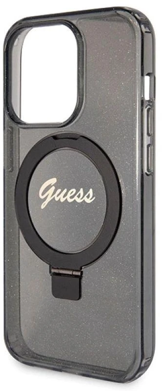 Dėklas GUESS GUHMP14XHRSGSK IPHONE 14 PRO MAX 6.7 "Juodas/Juodas HARDCASE RING STAND SCRIPT GLITTER MAGSAFE