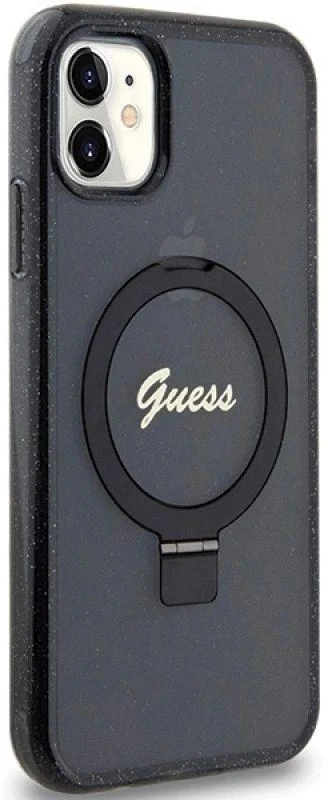 Dėklas GUESS GUHMN61HRSGSK IPHONE 11 / XR 6.1 "Juodas / Juodas HARDCASE RING STAND SCRIPT GLITTER MAGSAFE