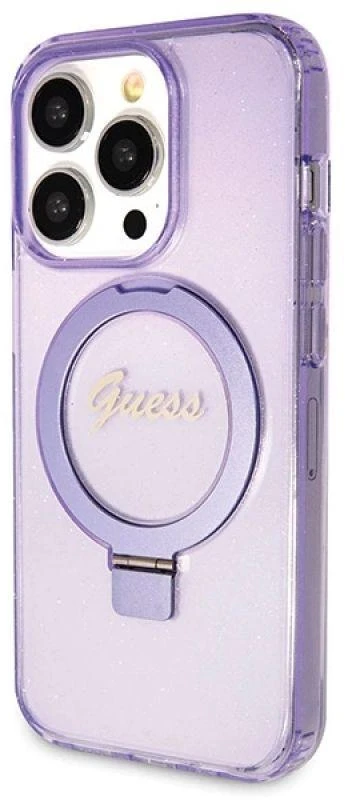 GUESS GUHMP14XHRSGU IPHONE 14 PRO MAX 6.7" VIOLETINIS/VIOLETINIS KIETAS DĖKLAS ŽIEDO STOVĖLIS SCRIPT GLITTER MAGSAFE
