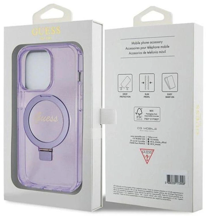 GUESS GUHMP14XHRSGU IPHONE 14 PRO MAX 6.7" VIOLETINIS/VIOLETINIS KIETAS DĖKLAS ŽIEDO STOVĖLIS SCRIPT GLITTER MAGSAFE