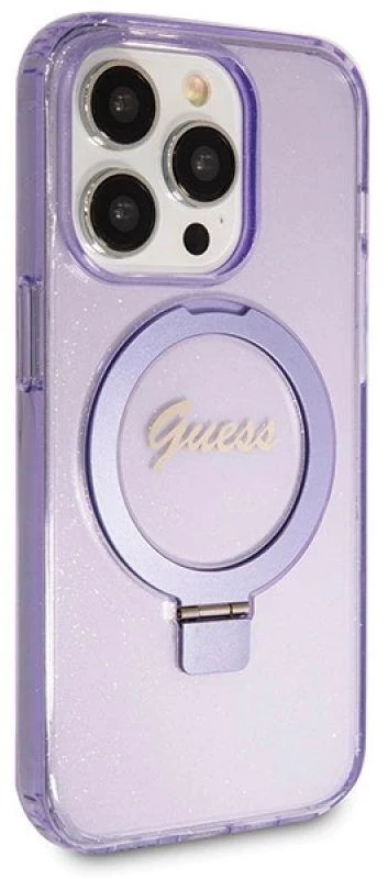 GUESS GUHMP14XHRSGU IPHONE 14 PRO MAX 6.7" VIOLETINIS/VIOLETINIS KIETAS DĖKLAS ŽIEDO STOVĖLIS SCRIPT GLITTER MAGSAFE