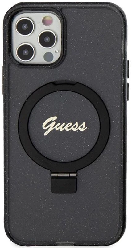 Guess GUHMP12MHRSGSK Apple iPhone 12/12 Pro 6.1″ juodos spalvos kietas dėklas Ring Stand Script Glitter MagSafe