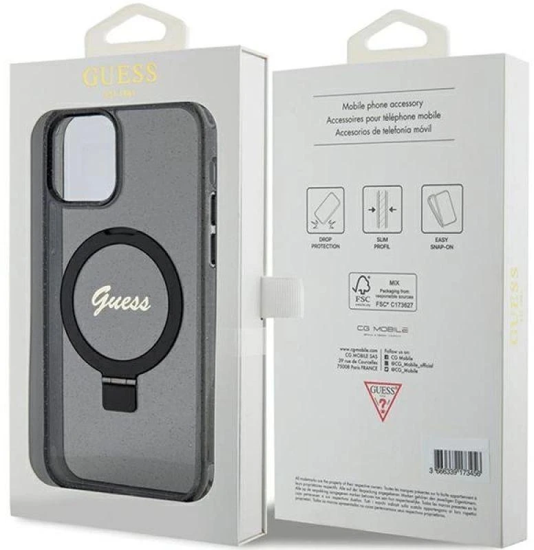 Guess GUHMP12MHRSGSK Apple iPhone 12/12 Pro 6.1″ juodos spalvos kietas dėklas Ring Stand Script Glitter MagSafe