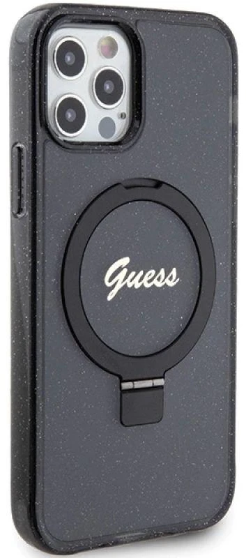 Guess GUHMP12MHRSGSK Apple iPhone 12/12 Pro 6.1″ juodos spalvos kietas dėklas Ring Stand Script Glitter MagSafe