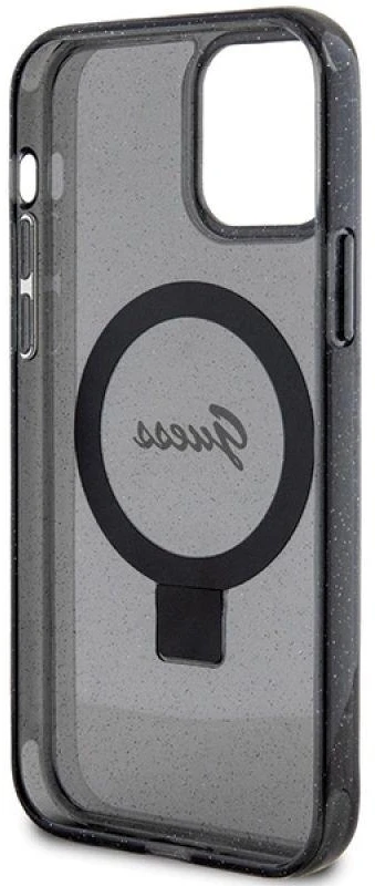 Guess GUHMP12MHRSGSK Apple iPhone 12/12 Pro 6.1″ juodos spalvos kietas dėklas Ring Stand Script Glitter MagSafe