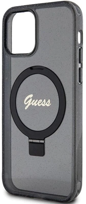 Guess GUHMP12MHRSGSK Apple iPhone 12/12 Pro 6.1″ juodos spalvos kietas dėklas Ring Stand Script Glitter MagSafe