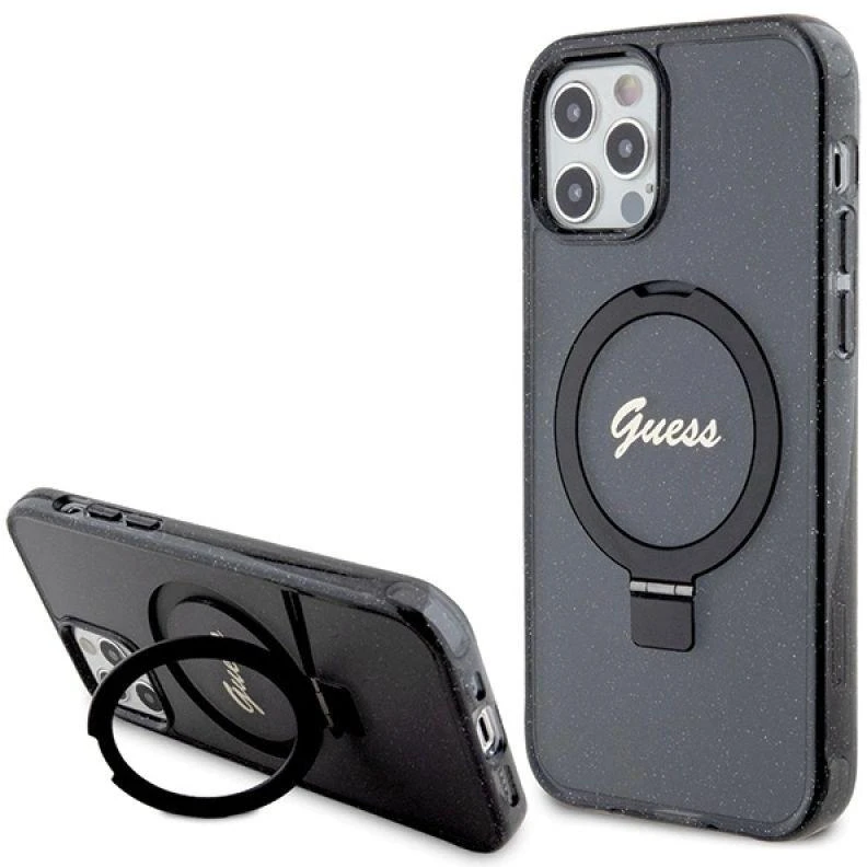 Guess GUHMP12MHRSGSK Apple iPhone 12/12 Pro 6.1″ juodos spalvos kietas dėklas Ring Stand Script Glitter MagSafe