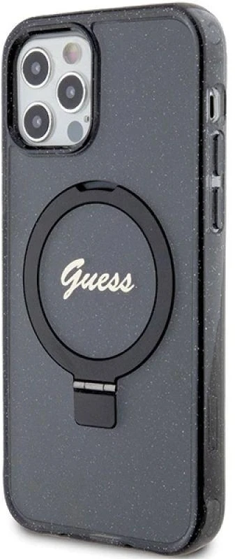 Guess GUHMP12MHRSGSK Apple iPhone 12/12 Pro 6.1″ juodos spalvos kietas dėklas Ring Stand Script Glitter MagSafe