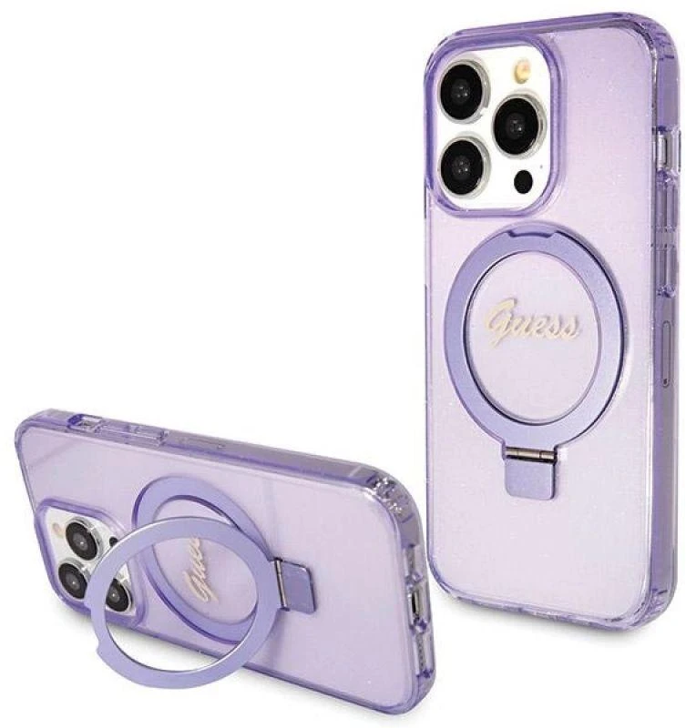 Guess GUHMP13XHRSGSU Apple iPhone 13 Pro Max 6.1″violetinės spalvos kietas dėklas Ring Stand Script Glitter MagSa