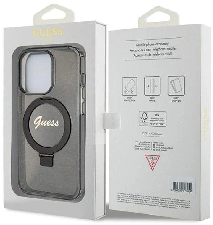 Dėklas GUESS GUHMP13XHRSGSK IPHONE 13 PRO MAX 6.7 "Juodas/Juodas HARDCASE RING STAND SCRIPT GLITTER MAGSAFE