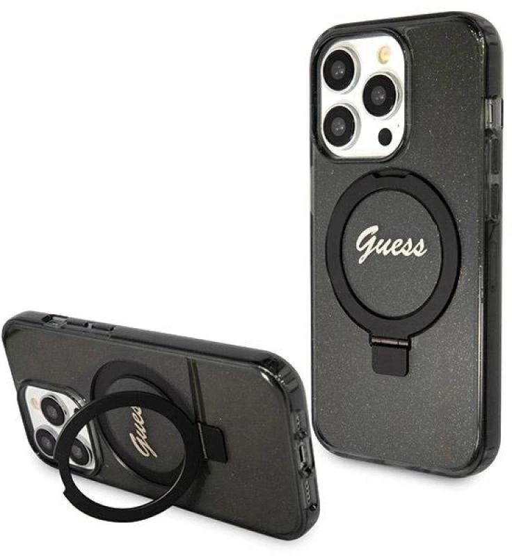 Guess GUHMP14LHRSGSK Apple iPhone 14 Pro 6.1″ juodos spalvos kietas dėklas Ring Stand Script Glitter MagSafe