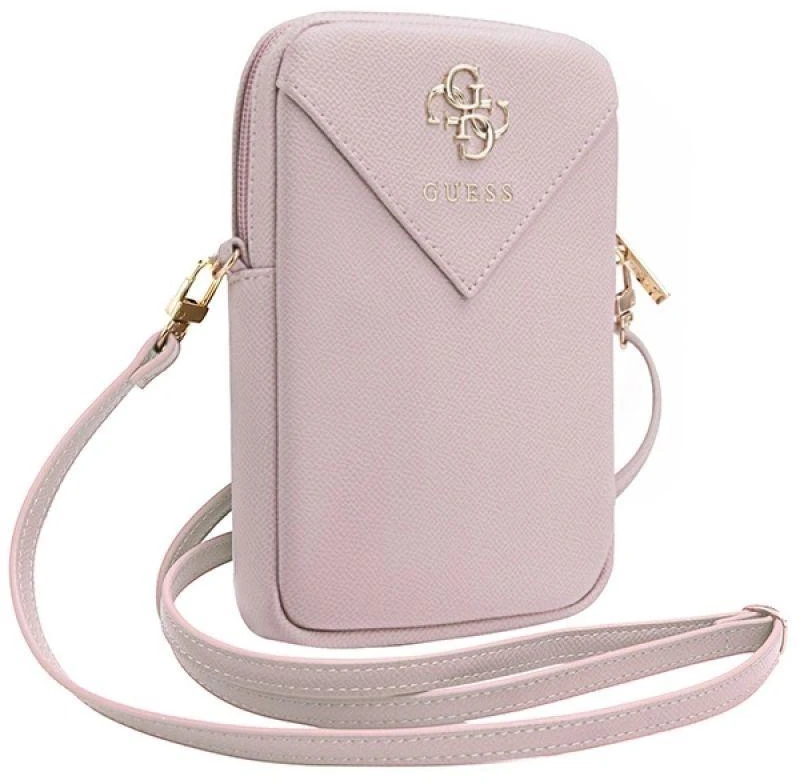 Guess PU Grained 4G Metal Logo Wallet Phone Bag Zipper rožinės spalvos