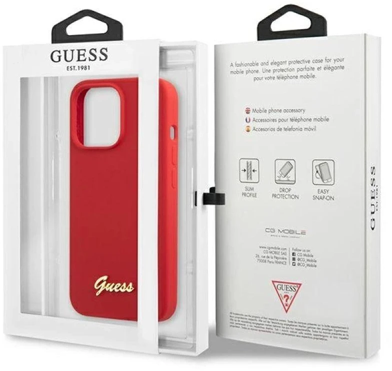 Guess telefono dėklas iPhone 13 Pro Max 6,7 GUHCP13XLSLMGRE bordo spalvos hard telefono dėklas Silikoninis Vintage auksinis Logo