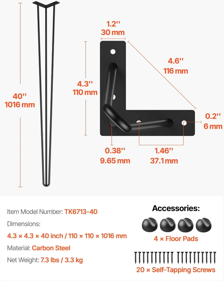 VEVOR Plieninės plauktuotos stalo kojos 101,6 cm
