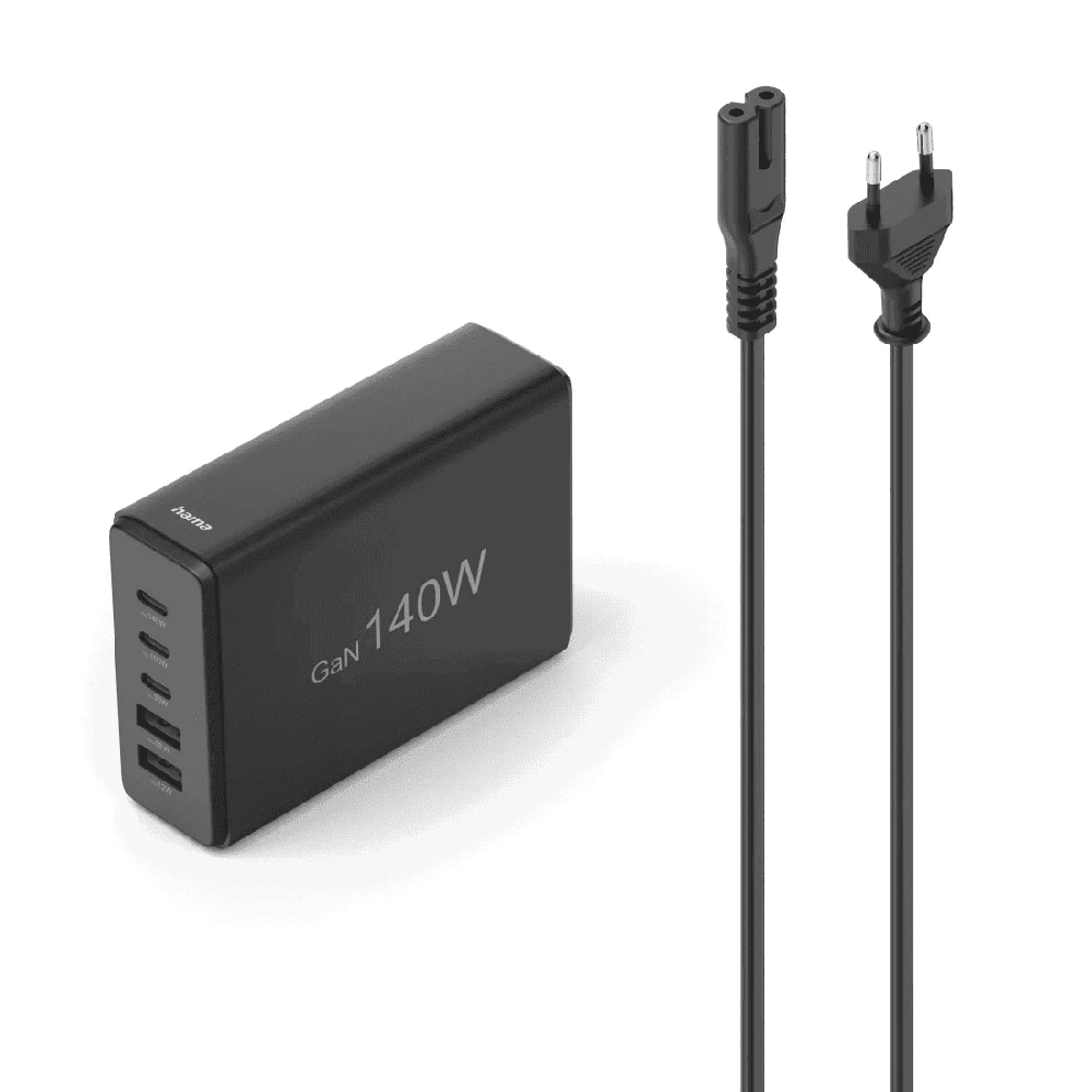Hama GaN 140W PD/QC 3x USB-C, 2x USB-A juoda